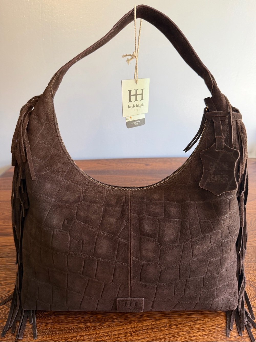 Haute Hippie Espresso Brown Croc-Embossed Suede Shoulder Bag with Fringe